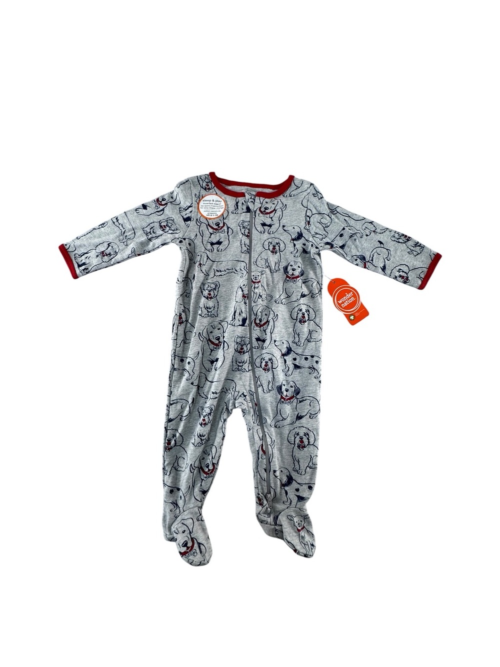 wonder nation Gray Puppy Print Footed One-Piece with Red Trim